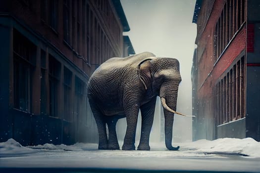 Elephant walking in snowy city.  Generative AI.