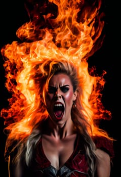 Fiery girl.  Woman  in flames and fire.  Generative AI.