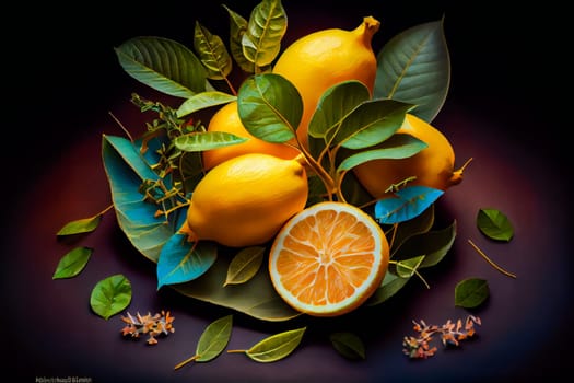 Fresh lemons with leaves.  Generative AI.