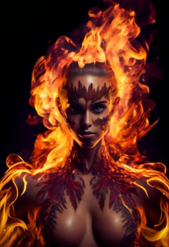 Fiery girl.  Woman  in flames and fire.  Generative AI.