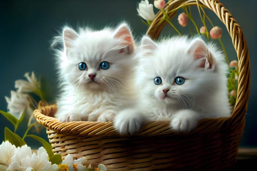 Fluffy white kittens sitting in a  wicker basket.  Generative AI.