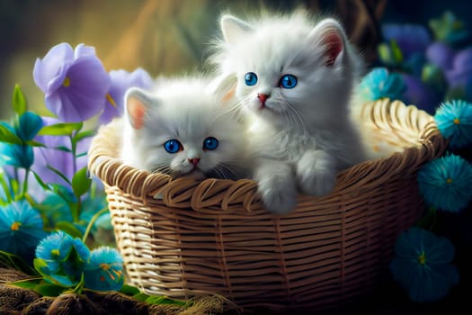 Fluffy white kittens sitting in a  wicker basket.  Generative AI.