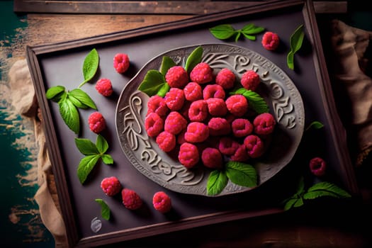 Fresh sweet raspberry on the  table.  Generative AI.