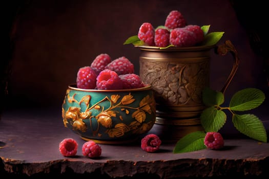 Fresh sweet raspberry on the  table.  Generative AI.