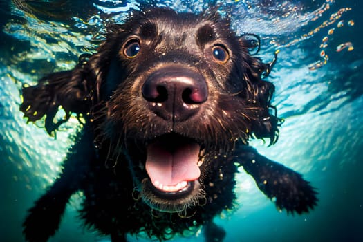 Funny Dog Underwater.  Generative AI.