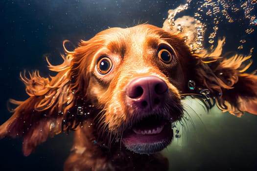 Funny Dog Underwater.  Generative AI.