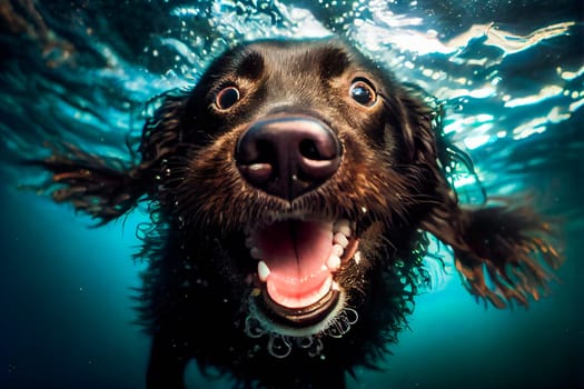 Funny Dog Underwater.  Generative AI.