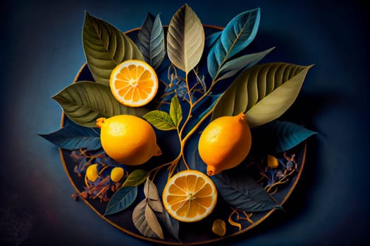 Fresh lemons with leaves.  Generative AI.