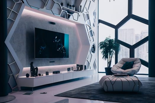 Futuristic  living room.  Modern interior.  Generative AI.