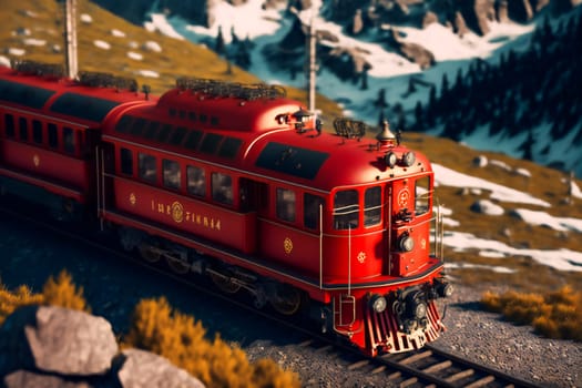 Red train around the beautiful  mountains.  Generative AI.