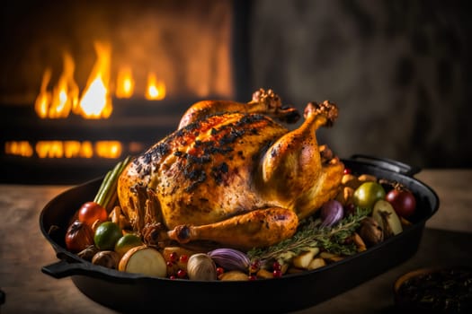 Roasted chicken with assortment of vegetables.  Oven-baked chicken. Rustic food. Home made food.   Generative AI.
