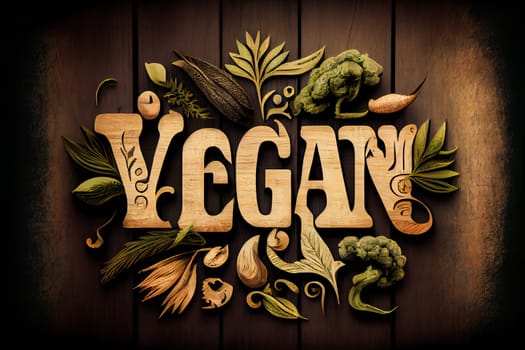 Vegan concept with vegan word on wooden background and vegetable. Generative AI.