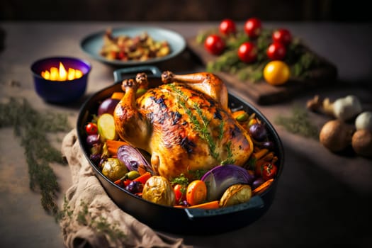 Roasted chicken with assortment of vegetables.  Oven-baked chicken. Rustic food. Home made food.   Generative AI.