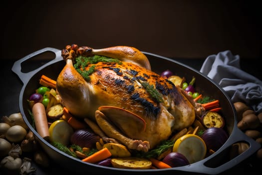 Roasted chicken with assortment of vegetables.  Oven-baked chicken. Rustic food. Home made food.   Generative AI.