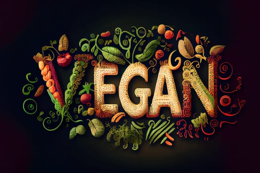 Vegan concept with vegan word on wooden background and vegetable. Generative AI.