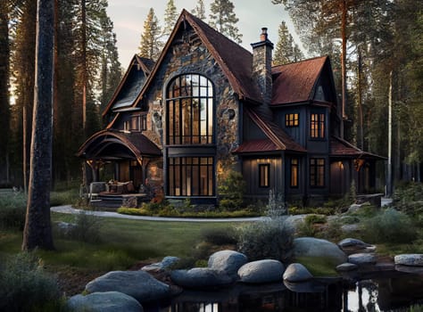 Village style house.  Beautiful exterior of  luxury home.  Generative AI.