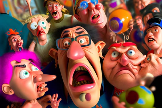 Bedlam of Wacky Individuals.  Psychotic Assembly of Wild Humans.  Crazy Peoples Cartoon Style: Generative AI