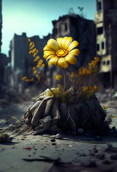 Magical Blooms in the Shadow of Urban Chaos.  Enchanting Blossoms in the Ashes of Urban Decay.  Generative AI.