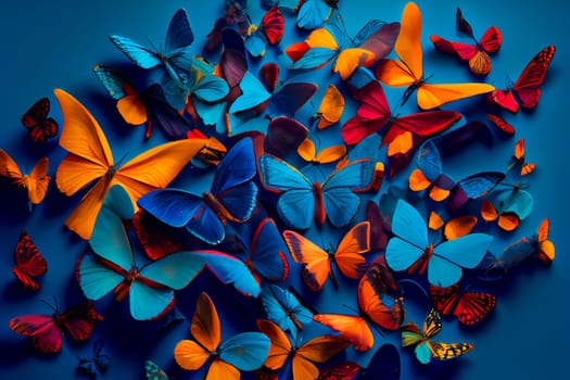 Colored butterflies in different colors on blue background. Generative AI.