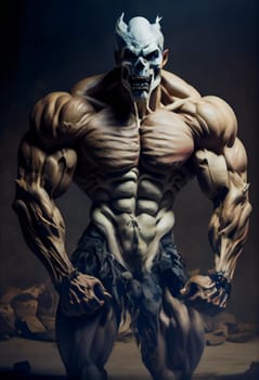 Monster with huge muscles and Skull Face.  Generative AI.