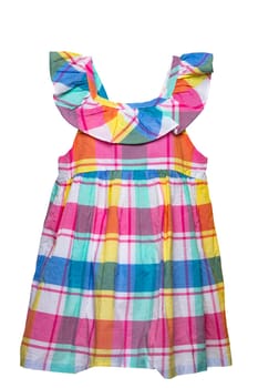 Summer dress isolated. Closeup of a colorful checkered sleeveless baby girl dress isolated on a white background. Children spring fashion. Clipping path. Front view.