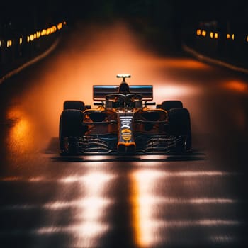 Open wheel racing car drive on the dark track created with Generative AI technology.