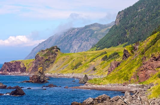 Rugged Rocks and Green Hills on a Misty Coast in the Green Gardens of Gros Morne National Park in Newfoundland
