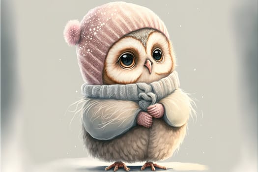 A cute, little, baby owl in warm winter clothes, symbol of love. Pastel, animal concept. Valentine's Day, love, cute fairy tale creature. Illustration