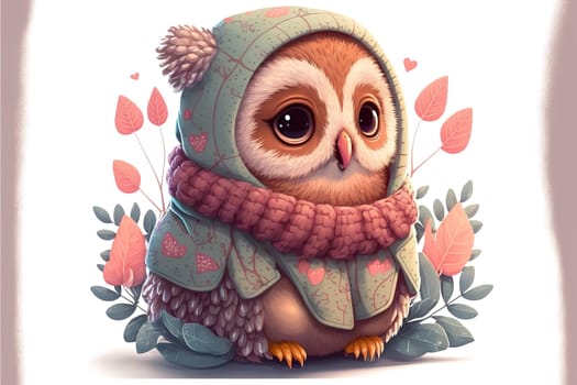 A cute, little, baby owl in warm winter clothes, symbol of love. Pastel, animal concept. Valentine's Day, love, cute fairy tale creature. Illustration.