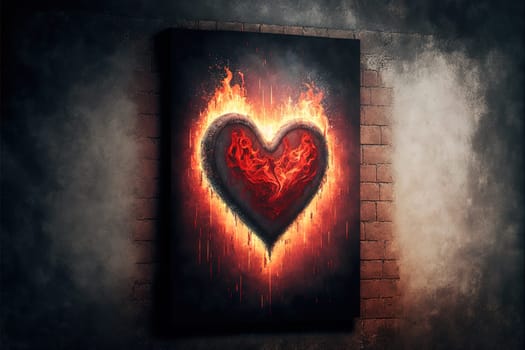 3d rendering of red lighten heart shape in fire against grunge wall background.