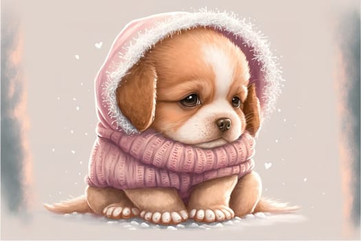 A cute, little, baby puppy in warm winter clothes, symbol of love. Pastel, dog, animal concept. Valentine's Day, love, cute fairy tale creature. Illustration.