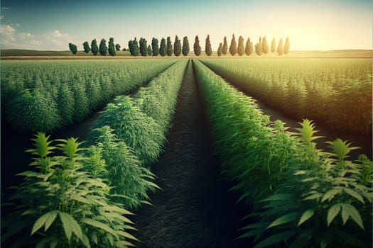 Cannabis hemp plants being grown in a field. Marijuana crop farming.
