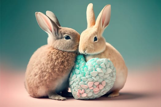 A cute, little two baby bunny, symbol of love. Pastel, creative, animal concept. Valentine's Day, a small rabbit couple in a pet relationship.