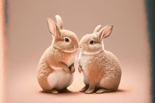 A cute, little two baby bunny, symbol of love. Pastel, creative, animal concept. Valentine's Day, a small rabbit couple in a pet relationship.