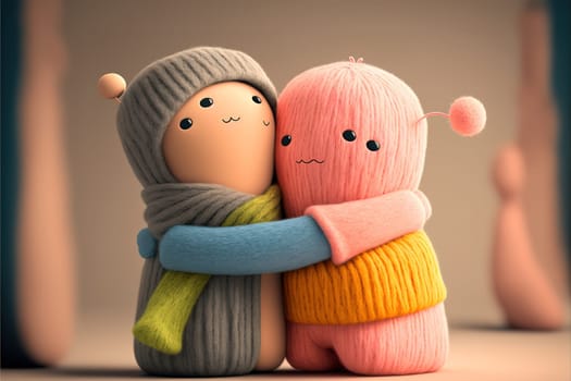 A friendly cute felt character hug ging threads, ai generative illustration for love friendship and family concept.