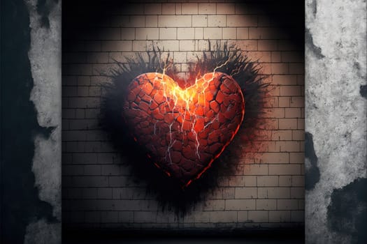 3d rendering of red lighten heart shape in fire against grunge wall background.