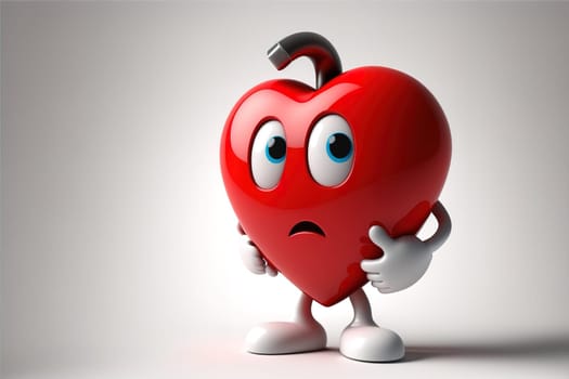 Character mascot with a red heart and a question mark on a white backdrop.