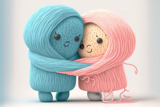 A friendly cute felt character hug ging threads, ai generative illustration for love friendship and family concept.