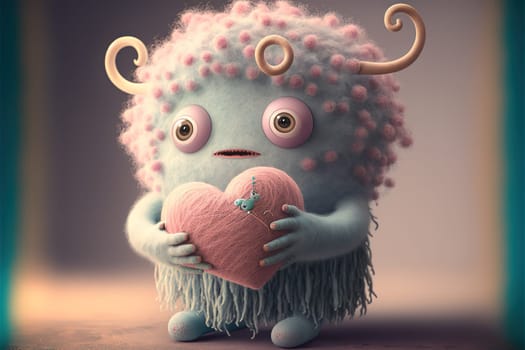 A small, cute, illustrated, fantasy, pastel color creature of wool holding a love heart. A baby monster from a children's fairy tale.