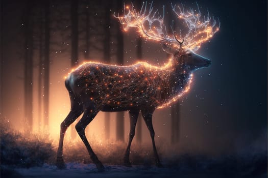 A magic festive reindeer covered in glowing lights in a winter scene.