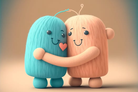 A friendly cute felt character hug ging threads, ai generative illustration for love friendship and family concept.