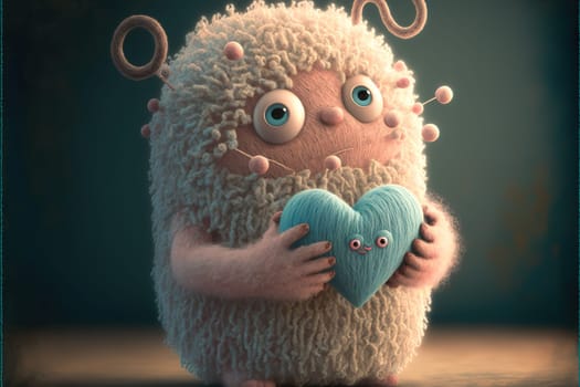 A small cute illustrated fantasy pastel color creature of wool holding a love heart. A baby monster from a children's fairy tale.