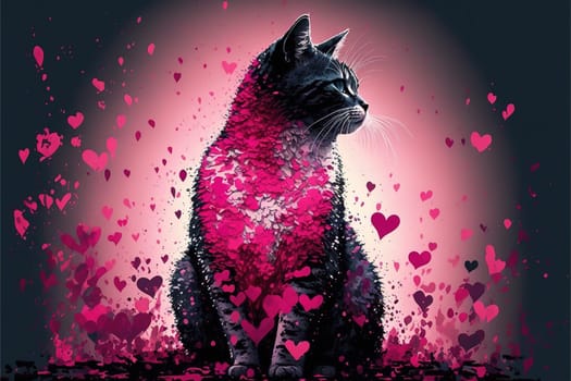 Amazing Abstract artwork of the single cat sitting in the lovely background full of pink hearts. Love and relationship Concept.