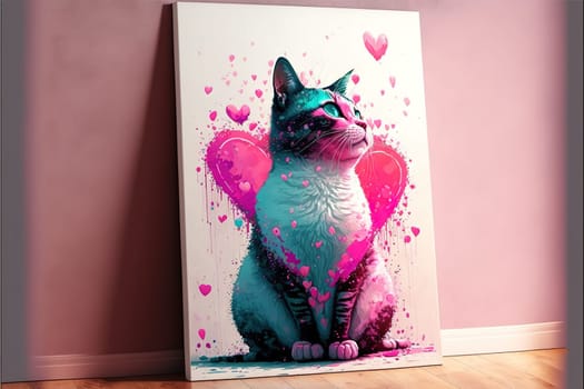 Amazing Abstract artwork of the single cat sitting in the lovely background full of pink hearts. Love and relationship Concept.