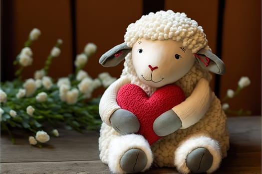 Cute stuffed animals for valentine's day. Adorable sheep stuffed animal hugs red heart.