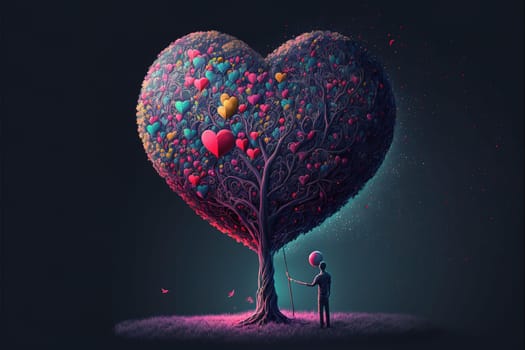 Beautiful illustration of a valentine´s day of a lonely character holdig a heart shapped balloon beside a colorful decorated tree on a dark background.
