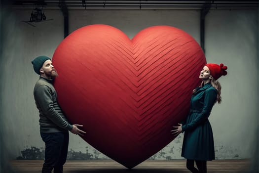 Cute couple holding a big red puzle heart, Valentines day and love concept.