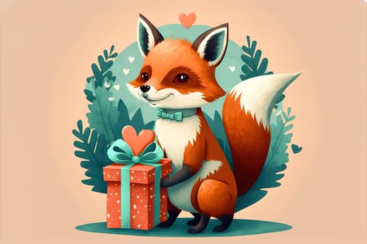 Cute foxy with Valentines presents animal for Valentine greeting card design, banner, sticker, home.