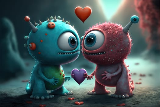 Cute aliens monsters in love on Valentine's Day.