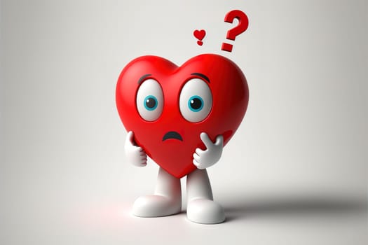 Character mascot with a red heart and a question mark on a white backdrop.